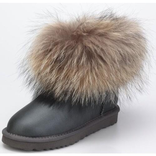 Fashion Real Raccoon Fur Women Snow Boots Genuine Sheepskin Leather Warm Wool 100% Nartural Fur Winter Boots Ankle Boots Shoes