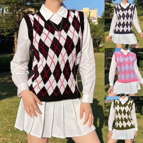 Women Autumn Preppy Style V-Neck Knitted Vest Vintage Geometric Argyle Plaid Sleeveless Sweater School Girl Pullover Jumper