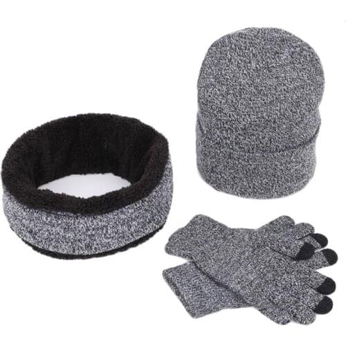 Women Men Winter Beanie Hat Infinity Scarf Touch Screen Gloves 3 Pieces Knitted Set Thicken Plush Lining Snow Ski Outdoor Warmer