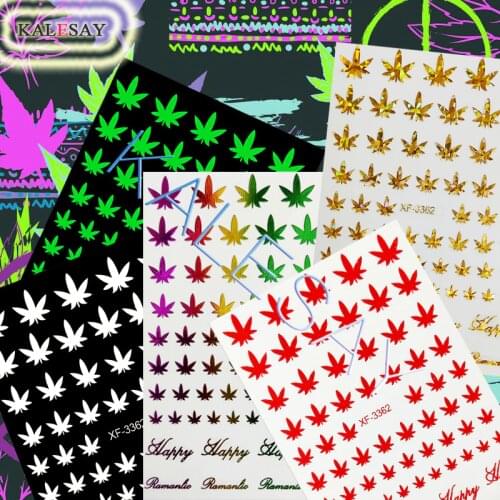 12 Colors Option Colorful 3D Nail Art Stickers Weed Leaf Design Manicure Nail Decals Decoration Colorful Line Popular Back Glue