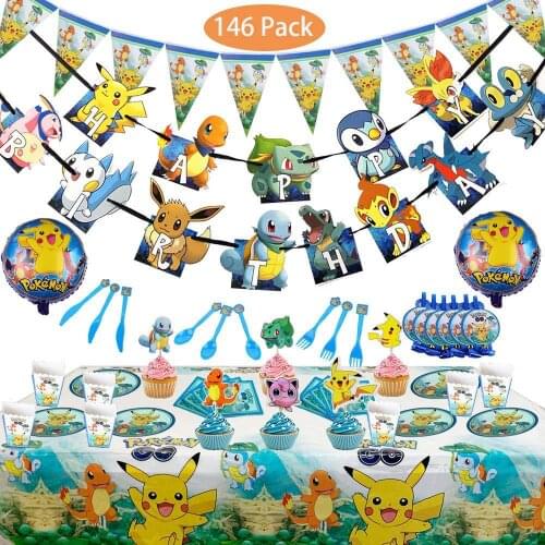 146pack Pokémon theme children girl birthday party tableware cups saucers napkins baby shower decoration family party supplies