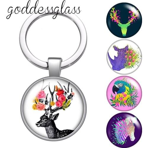Animals Elk zebra bird horse Fox Round glass cabochon keychain Bag Car key chain Ring Holder Charms keychains for Kids gift