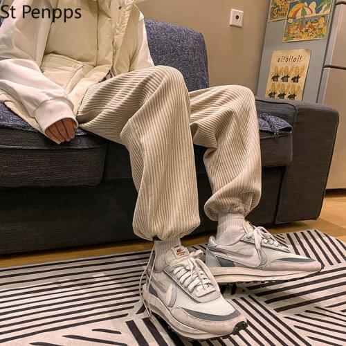 Man Casual Tie Leg Straight Pants Woman Corduroy Solid Color Oversize Trousers Man Warm Korean Streetwear Pants