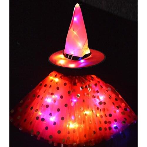 LED Glowing Lights Witch Hat with Skirt Halloween Costume for Kids Girls Wizard Anime Cosplay Props Party Christmas 3-12years