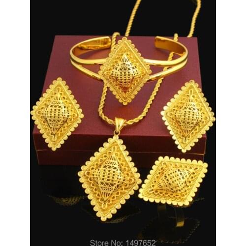 New Ethiopian Cross Jewelry Set 24K Gold Color Necklace/Pendant/Earring/Ring/Bangle African Bridal Wedding Set