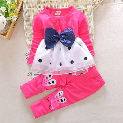 Spring Fall Winter Baby Girl Clothes Sweet 2pcs Set Cotton Bow Patchwork Mesh Dot Long Sleeve Tops+lovely Rabbit Trousers 0-24M