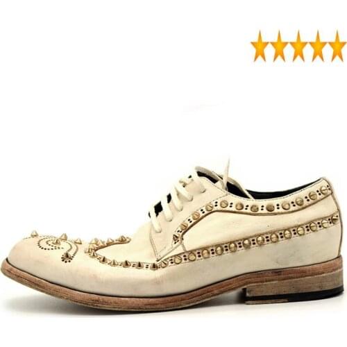 Handmade Carved Derby Luxury Vintage Round Toe Rivet 100% Genuine Men Top Quality Leather Brogue Shoes