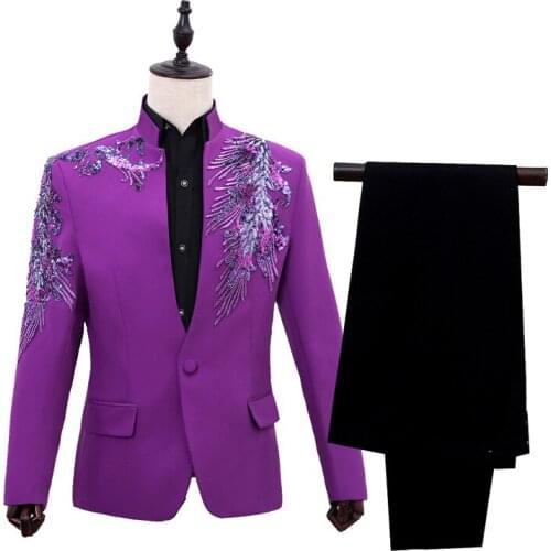 Men Play Suit Collar Stage Suits Sequins Menual Cost PerforMence Two-piece Suit Red Purple Blue Mens Suit