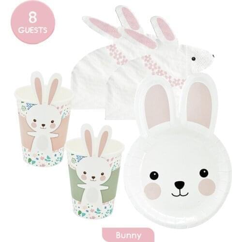 8Guests Disposable Pink Bunny Tableware Sets Paper Cups Plates Napkins Children Birthday Party Decorations Supplies Eco-Friendly