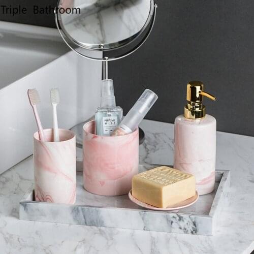 Nordic Marble Texture Bathroom Supplies Kit Ceramic Accessories Set Toothbrush Holder Lotion Bottle Toilet Brush Shelf