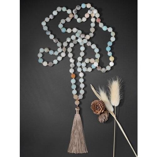 OAIITE 108 Mala Bead Frosted Amazonite with Tassel Necklace Women Men Yoga Meditation Necklace