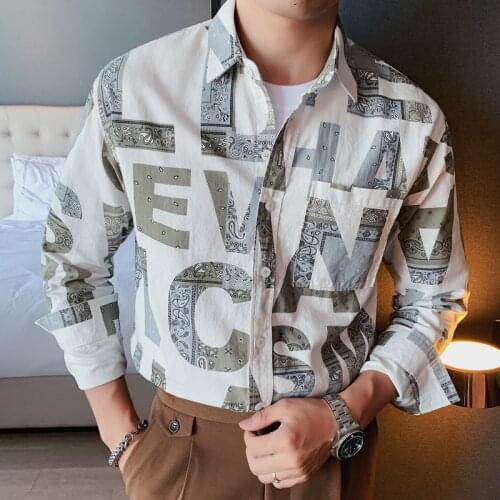 2021 Autumn Letter Print Mens Shirt Korean Version Long Sleeve Casual Shirt High-quality Social Party Streetwear Male Clothing