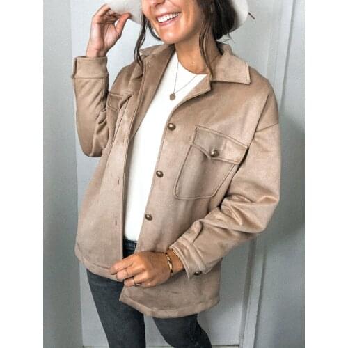 Autumn Suede Womens Jacket Coat Long Sleeve Pockets Turn-down Collar Female Coat 2021 New Winter Fashion Casual Ladies Jackets