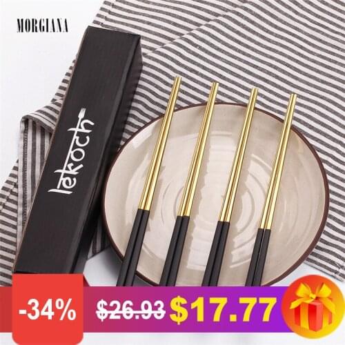 MORGIANA 5 Pairs/Set Chopsticks LEON kitchen Tools European Japanese Chinese Korean Black Gold Stainless Steel Dinnerware