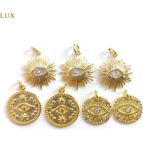5pcs Coin Pendant Evil Eye Charm Gold Brass Plate Evil Eye Protection Pendant Necklace For Women Jewelry Finding Graduation Gift