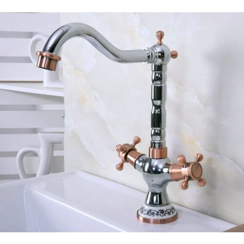 Polished Chrome Antique Red Copper Brass Two Handles One Hole Bathroom Basin Kitchen Sink Swivel Spout Faucet Mixer Tap mnf902