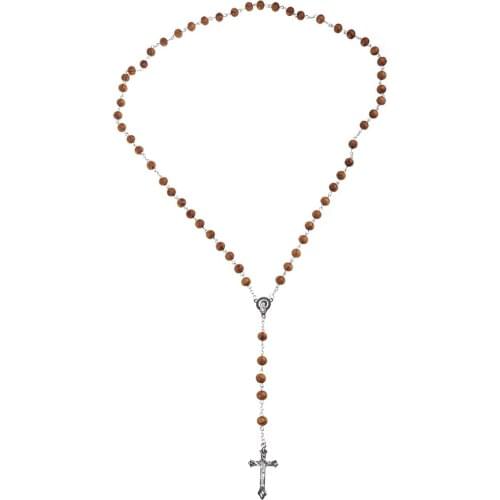 Retro Wooden Rosary Beads Necklace for Women Cross Jesus Pendant Religious Christian Jewelry Gifts