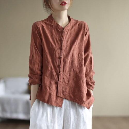 Autumn Shirts Women 21New Vintage Solid Color Jacquard Xiejin Single-Breasted Asymmetric Female Linen Tops Fashion