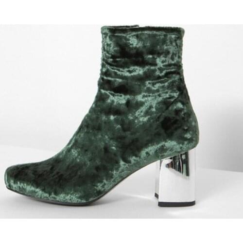 Sliver Heeled Women Ankle Boots Pointed Toe Chunky High Heel Boots Mirror Metallic Chunky Heel Women Pumps Female Sexy Boots