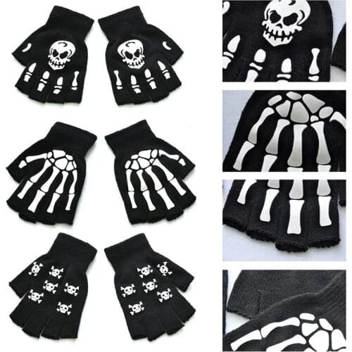 Halloween Night Running Luminous Gloves Outdoor Sports Bicycle Half Finger Skeleton Skull Unisex Mittens Winter Hand Warmer NEW