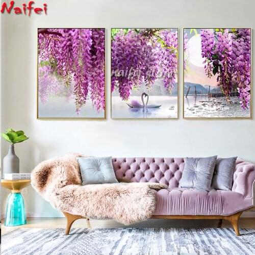 Triptych diamond embroidery Purple Flower Tree Swan Lake Landscape Picture Scandinavian Scenery Nature diamond Painting 3 pcs