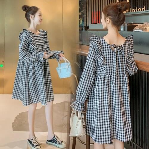 9530# Maternity Clothes Spring Autumn Cotton O Neck Long Sleeves Loose Stylish Dress for Pregnant Women Plaid Dress