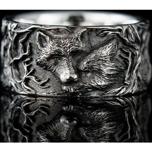 Vintage Silver Plated Wolf Ring Punk Style Animal Wolf Head Ring Men Women Wedding Band Anniversary Ring Couple Biker Jewelry