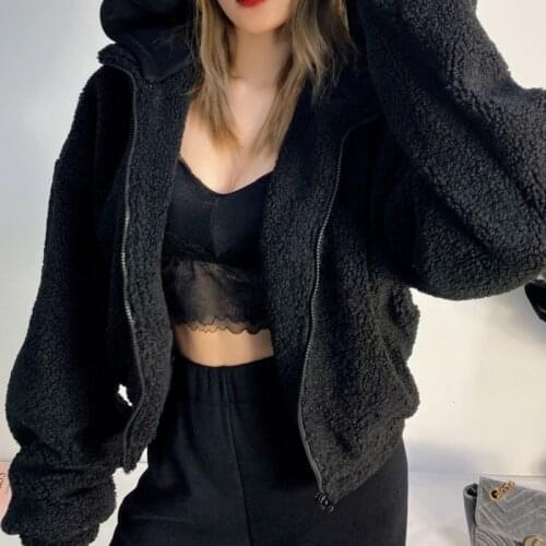 WOMENGAGA Winter Faux Lamb Wool Loose Removable Hooded Tops Korean Long Sleeve Casual Short Women Zipper Sweatshirt EVRT