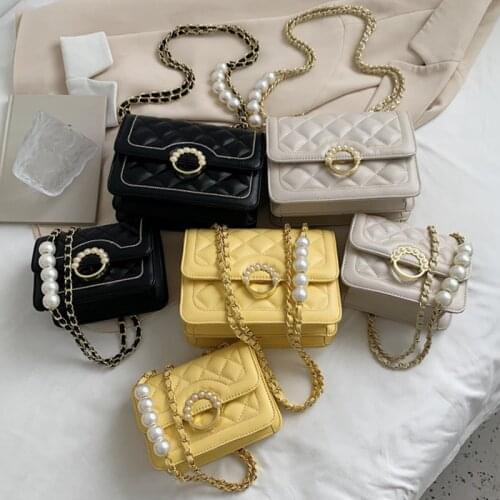 Women New 2021 Designer Crossbody Shoulder Square Bag Luxury Messenger Bags Fashion Pearl Chain PU Leather Purse High Quality
