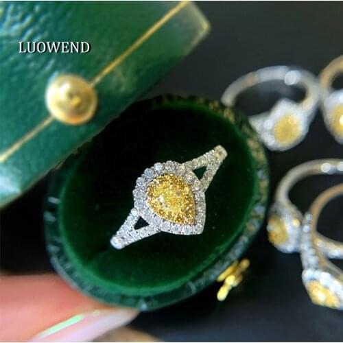 LUOWEND 100% Real 18K White Gold Rings Halo Pear Shape Engagement Ring New Fashion Natural Yellow Diamond Ring for Women Wedding