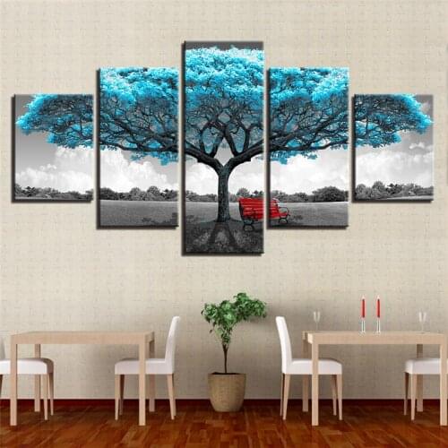 5 Pieces Blue Big Tree Landscape Pictures Wall Art Canvas Poster Prints Decor Paintings Framework Living Room Unframed