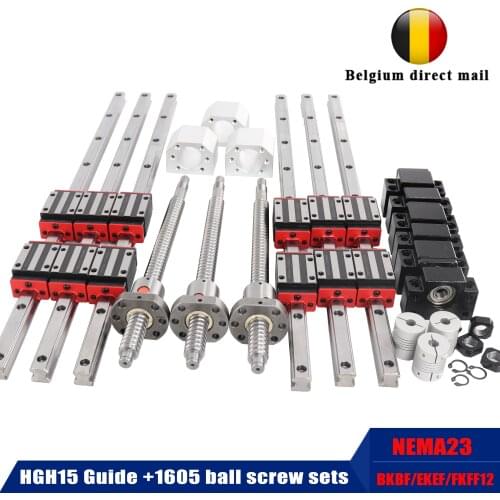 6PCS HGH15 linear guide12PCS HGH15CA slider SFU1605 ball screw nut seat + BKBF12 EKEF12 FKFF12 support seat NEMA23 motor