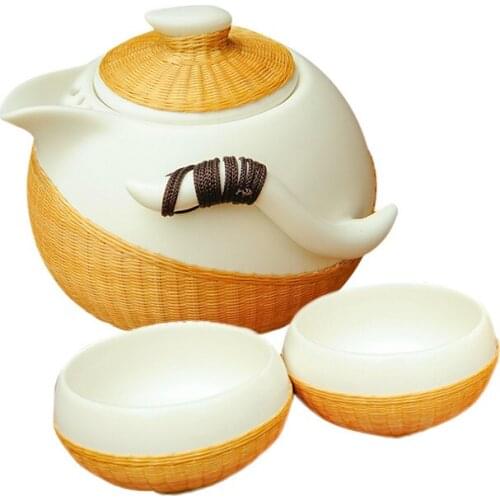 Chinese Style Handmade Bamboo over Porcelain Tea Set Intangible Cultural Heritage Bamboo Silk Buckle Tea Cup Kung Fu Tea