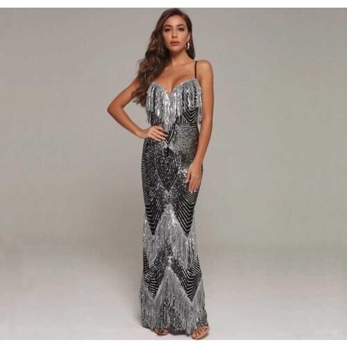 Free Shipping Wholesale Womens Silver Sequins Spaghetti Strap V-Neck Sexy Celebrity Cocktail Party Long Dress