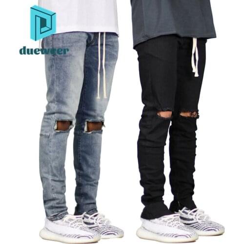 DUEWEER Mens Pencil Jeans Ripped Hole Blue Black Trousers Distressed Ankle Tie Hip Hop Jeans Men Casual Skinny Denim Pants