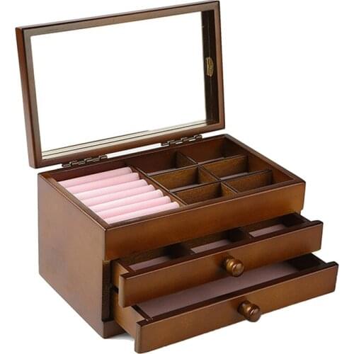 Oversize Premium Three-Ayers Flannel Jewelry Organizer Box Wooden Cufflink Case Earrings Rings Storage Case With Lock