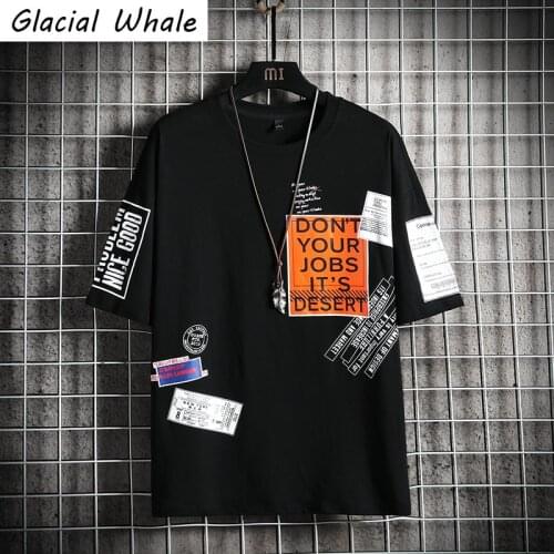 GlacialWhale Mans Black T-shirt Men New Patchwork Casual Harajuku Hip Hop Graffiti Japanese Streetwear Tshirt Male T Shirt Men
