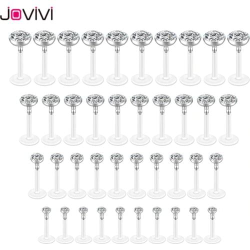 Jovivi 16G UV Flexible Acrylic 3-5mm Cubic Zirconia Labret Monroe Lip Ring Tragus Helix Cartilage Earring Studs Barbell Piercing
