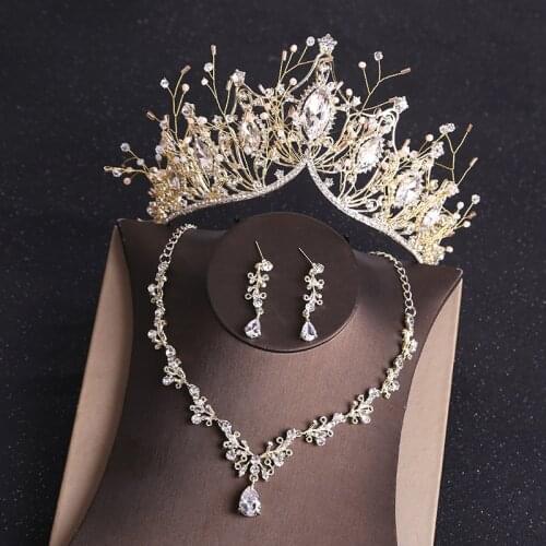 Luxury Big Rhinestone Tiaras Crown Necklace Earrings Jewelry Sets Floral Crystal Wedding Nigerian African Beads Jewelry Sets
