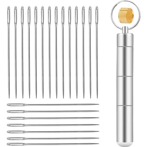 LMDZ 21 PCS 6.5 cm Large Eye Sewing Sharp Needles+1pcs Thimble Handmade Leather Embroidery Thread + 1pcs Storage Box