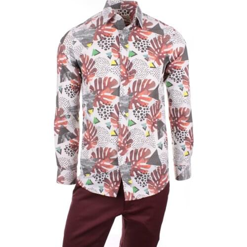 Gentilbay Mens Hawaiian Printed Red Slimfit Long-Sleeve Sport Shirt DPD103