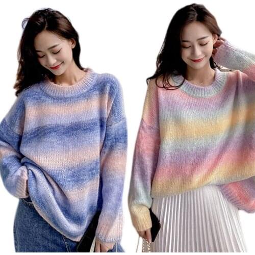 MXMB Women Autumn Long Sleeve Sweater Harajuku Gradient Rainbow Candy Color Striped Jumpers Oversized Pullover Knitwear Tops