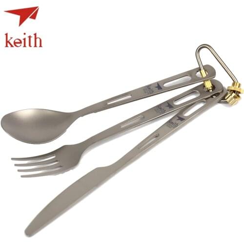 Keith Titanium Fork Spoon Knife Cutlery Sets With Titanium Carabiner Outdoor Camping Travel Tableware Picnic Hiking Spork 53g