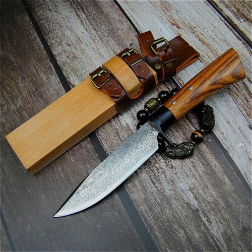 PEGASI hand forged hunting straight knife 59-60hrc Damascus grain outdoor camping sharp tactical knife + raw wood scabbard