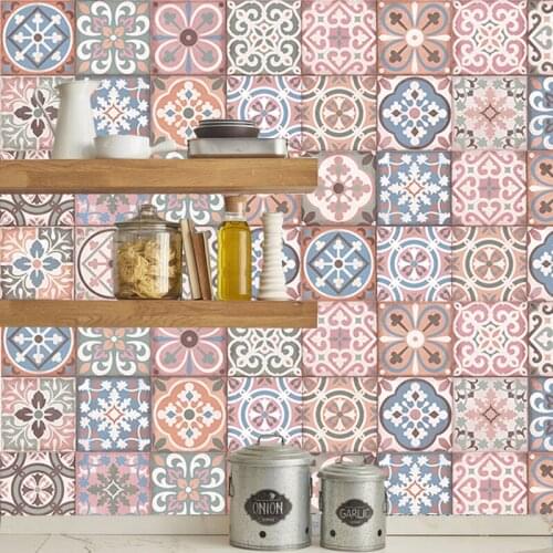 Pink Vintage Porcelain Peel Stick Tile Stickers,Waterproof Bathroom Kitchen Backsplash Wall Sticker Retro Home Decor