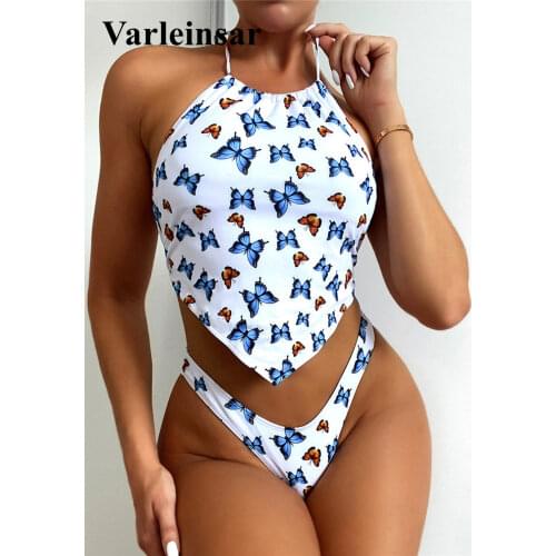 Sexy Butterfly Printed Backless Halter Bikini Female Swimsuit Women Swimwear Two-piece Bikini set Bather Bathing Suit Swim V3174