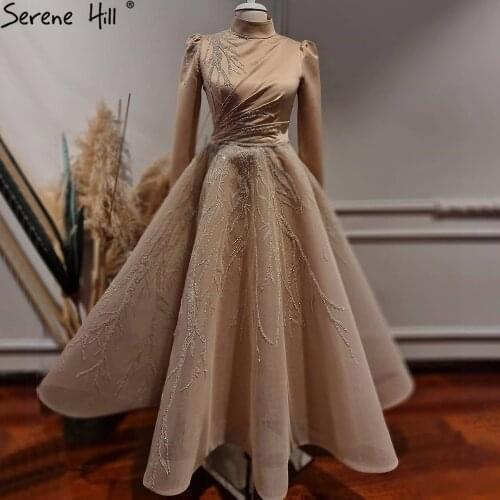 Serene Hill Gold Muslim Ankle Length Evening Dresses Gowns 2021 Sparkle Beading Luxury For Women Party LA71064