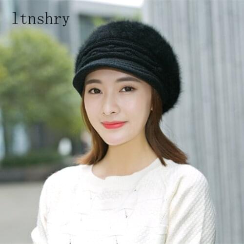 2020 New Women Rabbit Fur Knitted Hats Casual Solid Color Autumn girls Winter Hat Female Bonnet Caps Boina Feminino
