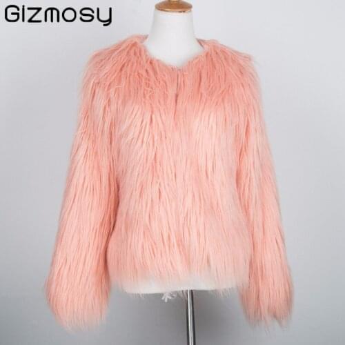 Gizmosy Fashion Furry Faux Fur Coat Women Fluffy Warm Long Sleeve Female Outerwear Autumn Winter Jacket Hairy Overcoat 6XL