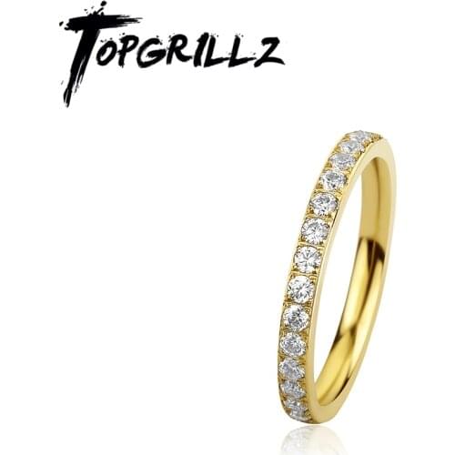 TOPGRILLZ 2021 New Womens 2MM Rings Stainless Steel Iced Micro Pave Cubic Zirconia Rings Hip Hop Fashion Jewelry For Women